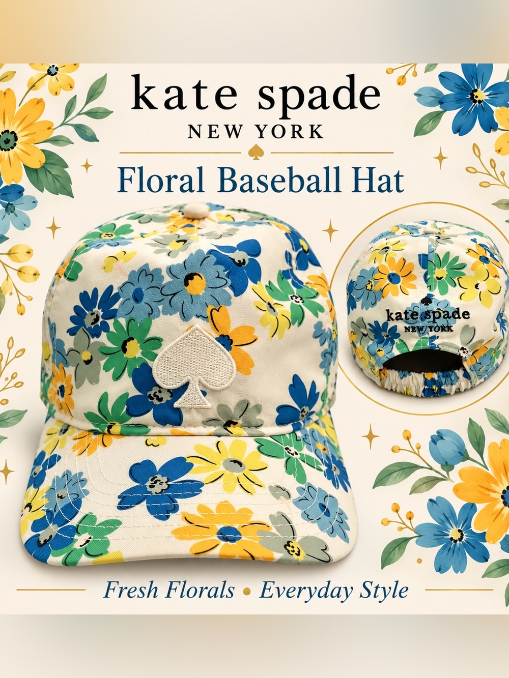 Kate Spade Floral baseball hat with Spade Logo on front and embroidered on back